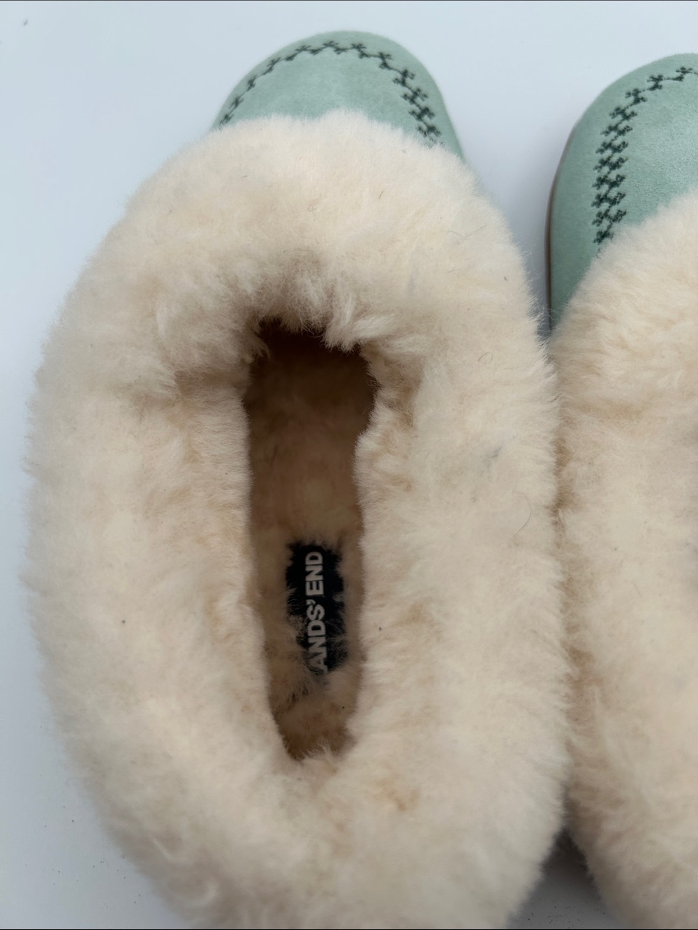 Lands End Mint Green Suede Embroidery Details Moccasin Slip On Shearling Lining - Picture 10 of 14